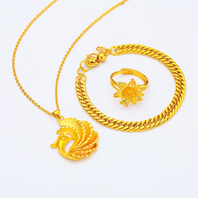 Set Kalung Cincin Gelang Emas Asli Kadar 375 Hias Liontin Bunga Merak Dapat Disesuaikan