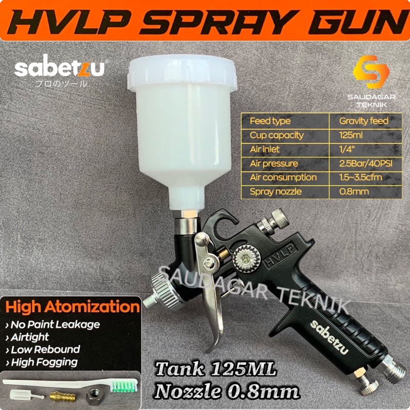 Spray Gun HVLP Sabetzu Nozzle 0.8 mm 125 ML / Nozzle 1.4 mm 600 ML Alat Semprot Cat Angin Low Pressure