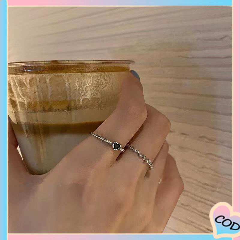 COD❤️ 2 pcs Cincin Zirkon Hitam Wanita High-end Fashion Kepribadian Jari Telunjuk Cincin-A.one