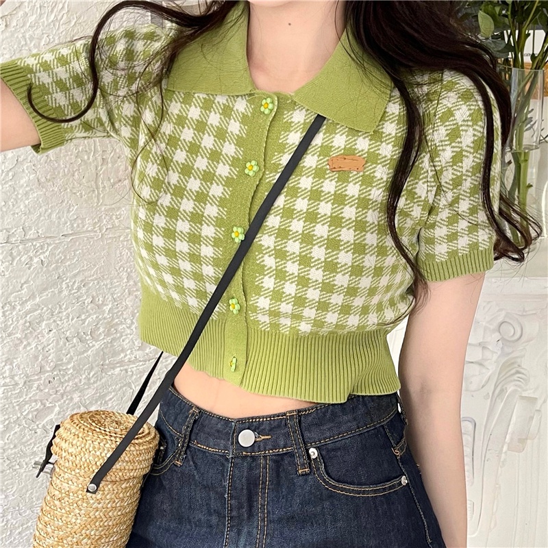 #Sisjuly# Korea Fashion Style Lembut Hijau Plaid Sweater Musim Panas2022BaruPoloKaos Kerah Atasan Midriff-Bari