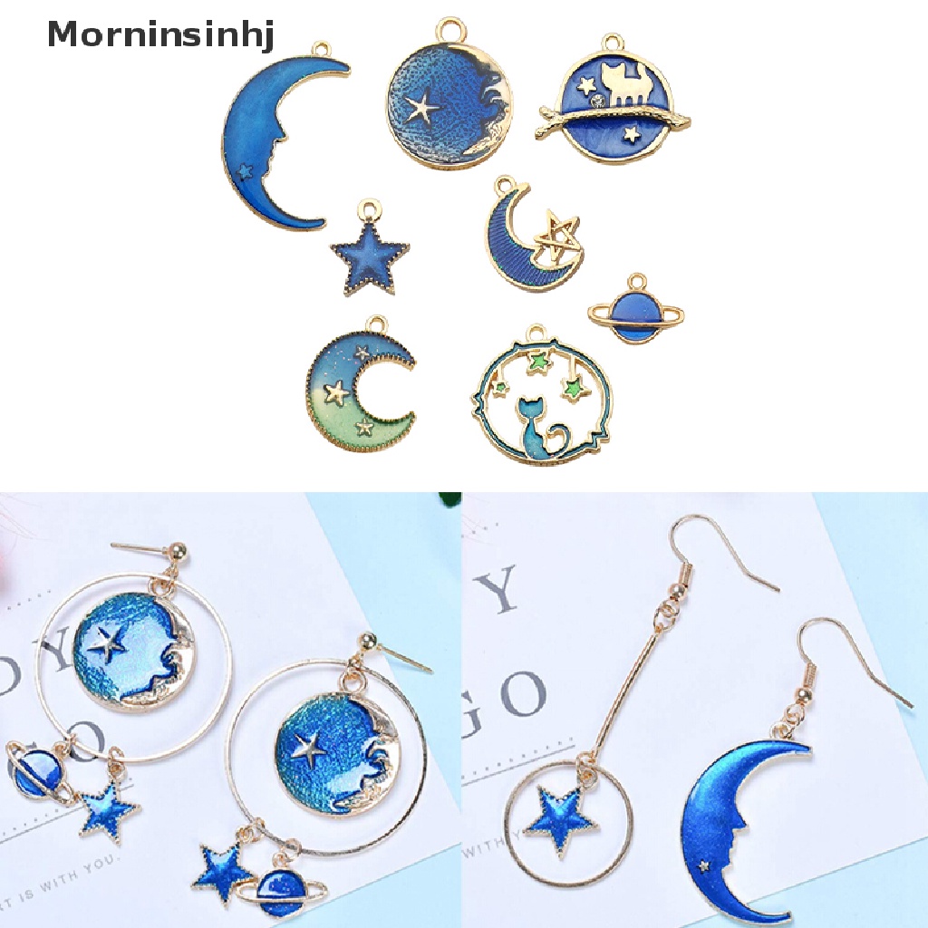 Mornin 24Pcs /Set Enamel Kucing Bulan Bintang Bumi Planet Charms Liontin DIY Membuat Perhiasan id