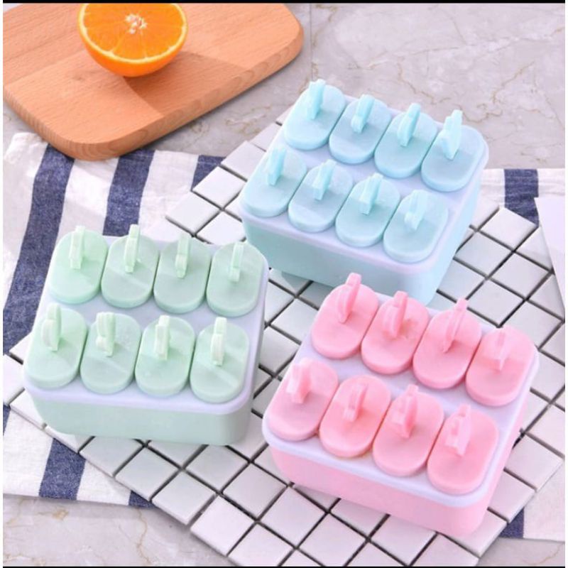 0Cetakan Es Krim Es Loli DIY 8 Kompartemen Cetakan Es Batu Silikon  Penutup 8 Kotak Ice Cube Tray Cetakan