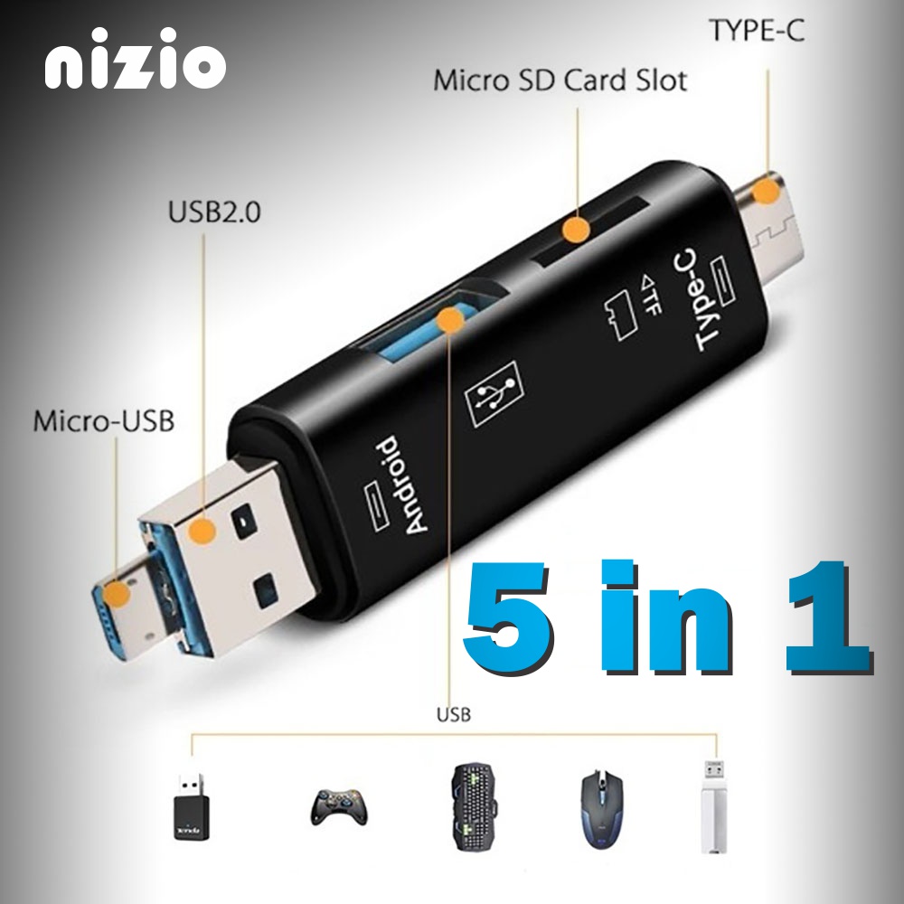 OTG Card Reader 5 in 1 Nizio OTG Micro USB Type C TF Tepsi Hub Hitam