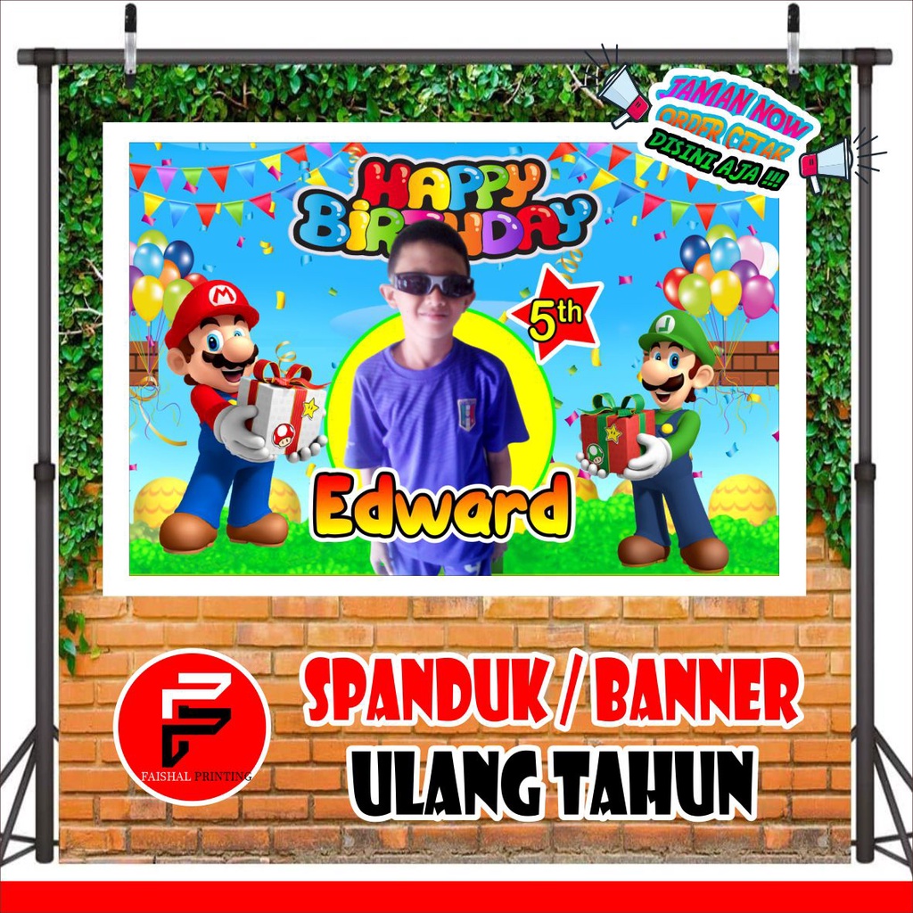 Spanduk Ulang tahun Anak banner custom Happy Birthday Tema Mario Bros ukuran 1,2 x 0,8 m