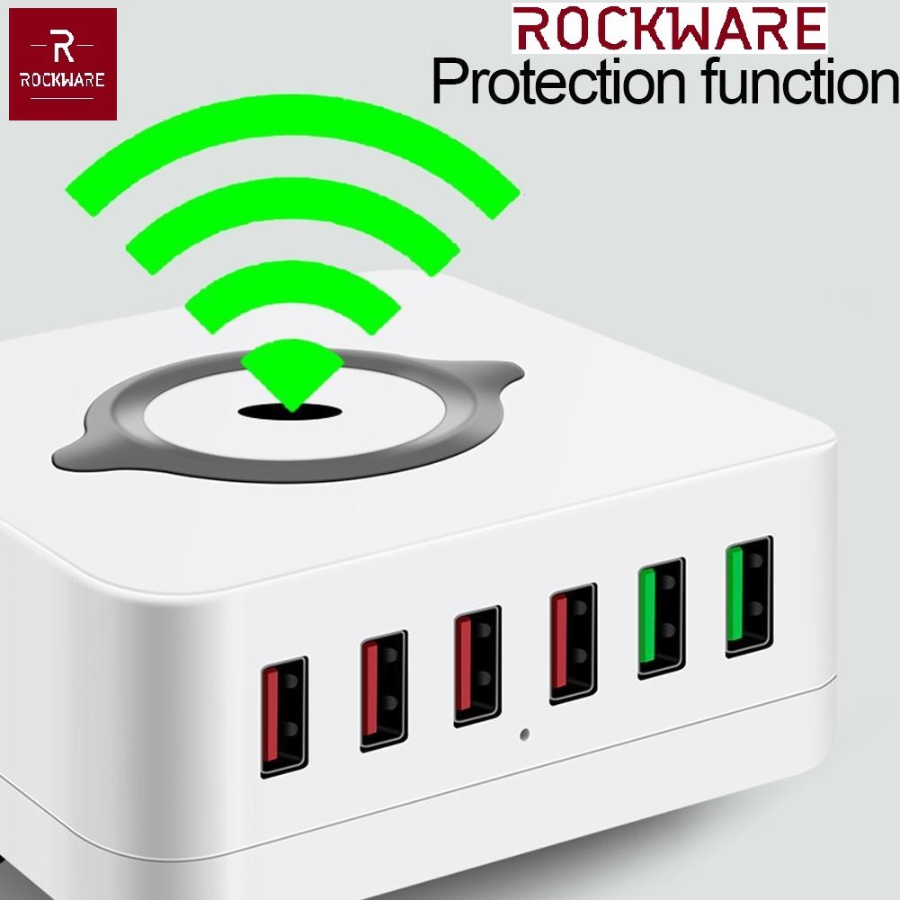 ROCKWARE E6 - 6 USB Port Charging Station and Qi Wireless Charge - 72W - Charger Multiport Up To 6