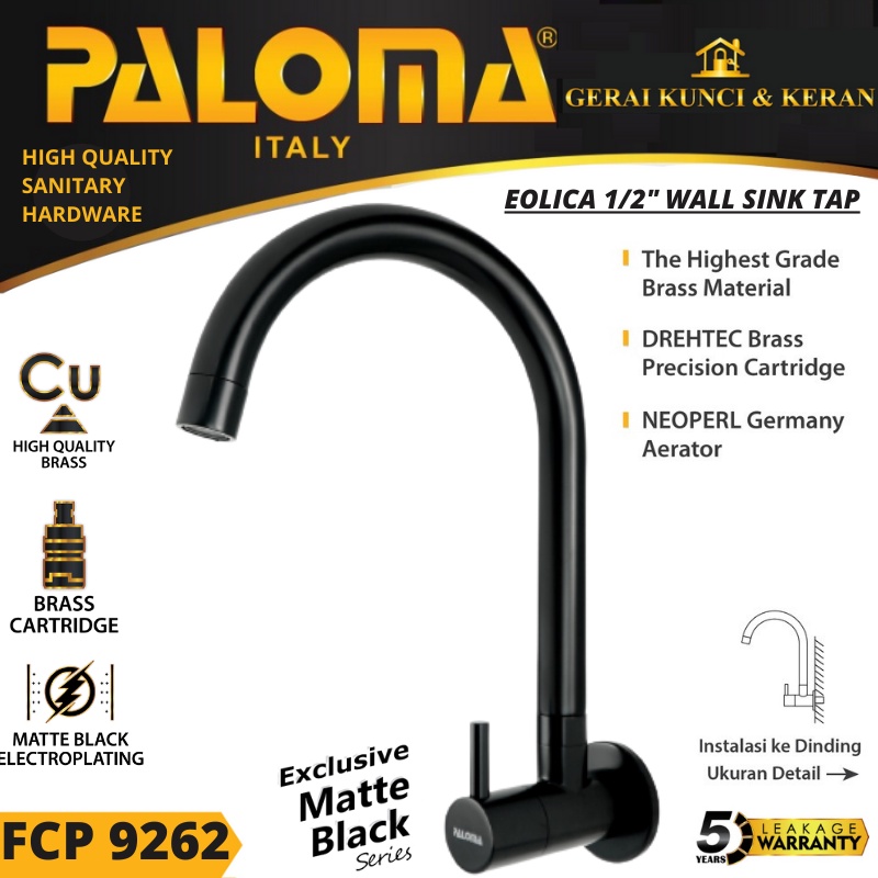 PALOMA FCP 9262 Keran Sink Angsa Cuci Piring Dapur Tembok Kran Air HITAM BLACK MATTE