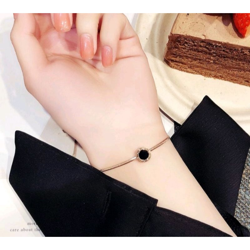 GELANG TITANIUM ROSE GOLD GEPENG PERMATA HITAM