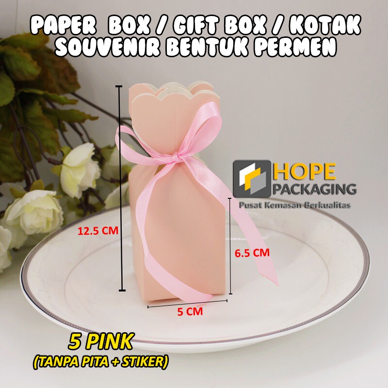 [ 5 pcs ] Paper Box Spesial Gift Box Kotak Souvenir wedding / ultah/ hadiah Bentuk Permen GRATIS Pita plus Stiker