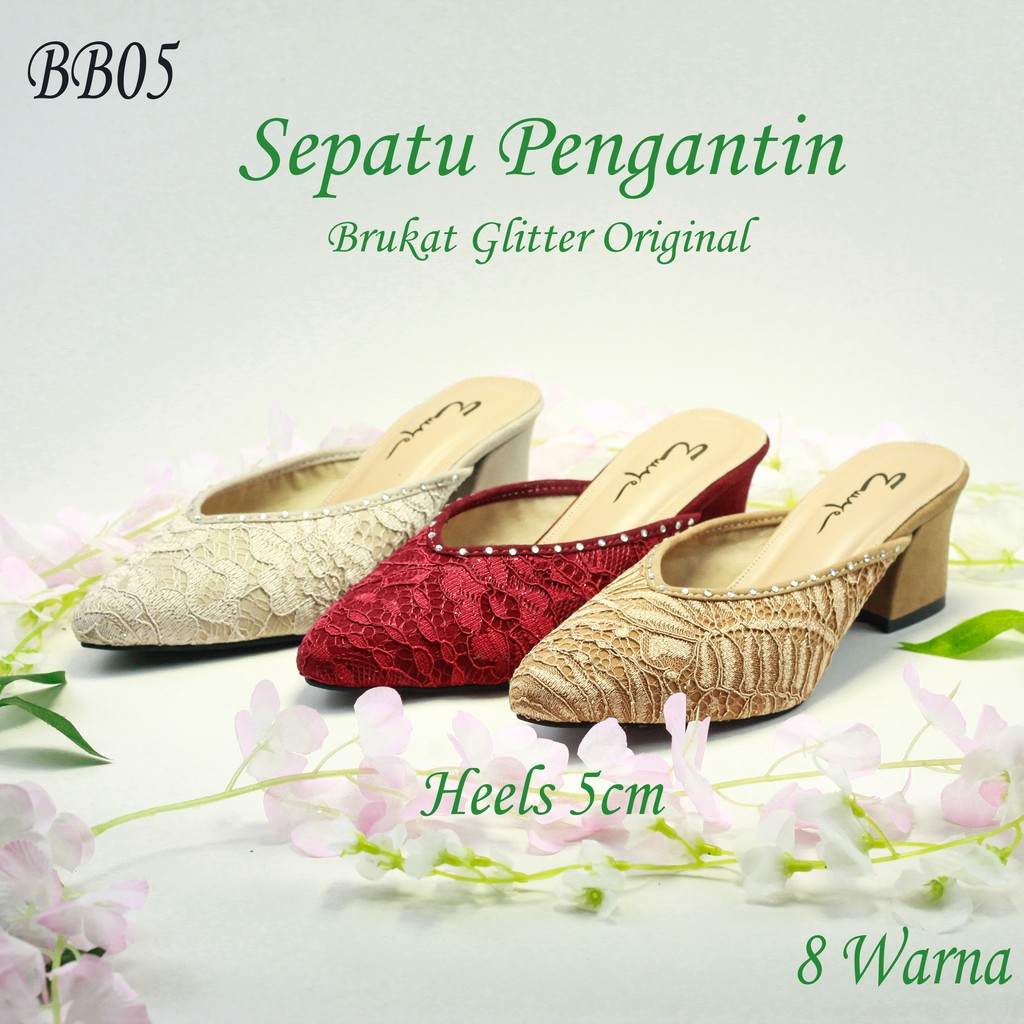 EMYE BB05 - Sepatu Sandal Heels Wedding Shoes Pesta Pengantin Brukat Glitter Original Payet Permata Wanita Terbaru Murah Mewah Kekinian 2021 Selop Slop bruklat Mutiara Pengantin Wanita Kekinian Murah Mewah Kekinian 2021