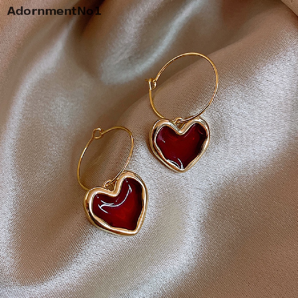 (AdornmentNo1) Anting Gantung Hati Enamel Warna Burgundy Untuk Wanita