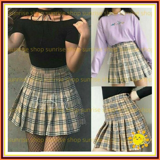 Rok Mini Korea, Rok Pendek Korea Pastel, Rok Mini Korea Abu Abu Rok Mini Kotak Tartan Tennis Skirt M