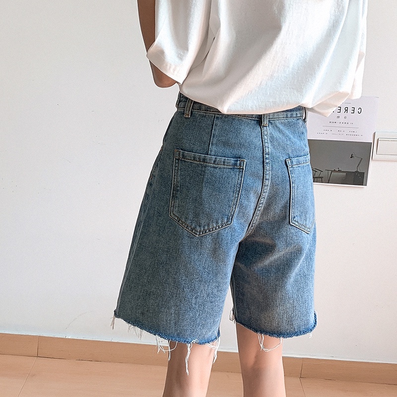 New Korean Highwaist Wanita Warna Biru Rawis Celana Pendek Denim