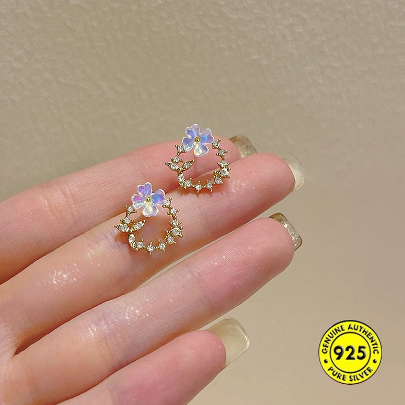 Anting Tusuk Sterling Silver Desain Bunga Hias Zircon AAA Gaya Korea Untuk Wanita