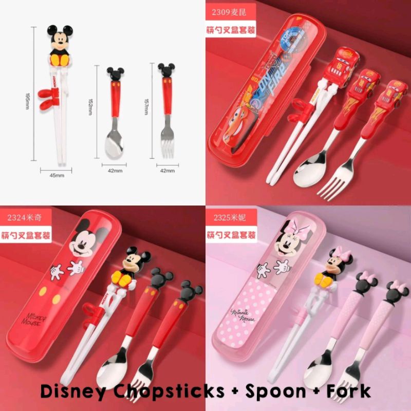 Disney Training Chopsticks + Spoon + Fork with Case / Sendok Garpu Sumpit dengan Kotak Mickey, Minnie, Cars, Frozen