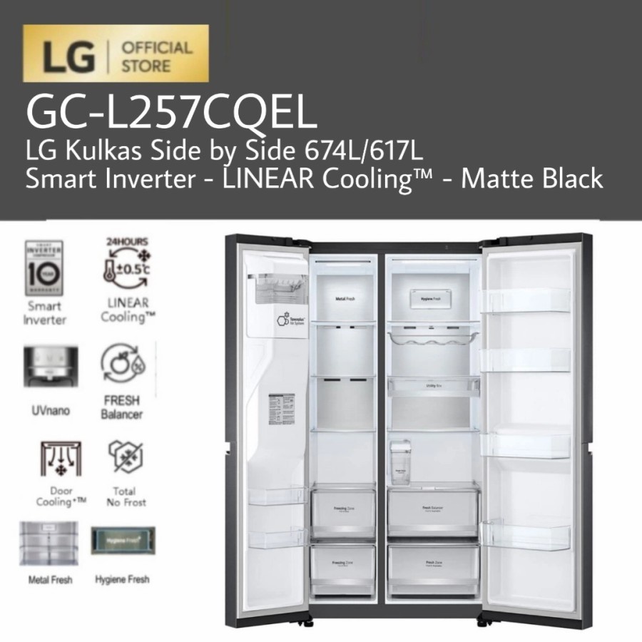 LG GC-L257CQEL / GCL257CQEL Kulkas Side by Side 674L UVnano Matte Black