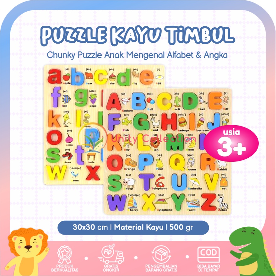 Puzzle Kayu Timbul Chunky Alfabet Huruf ABC Angka
