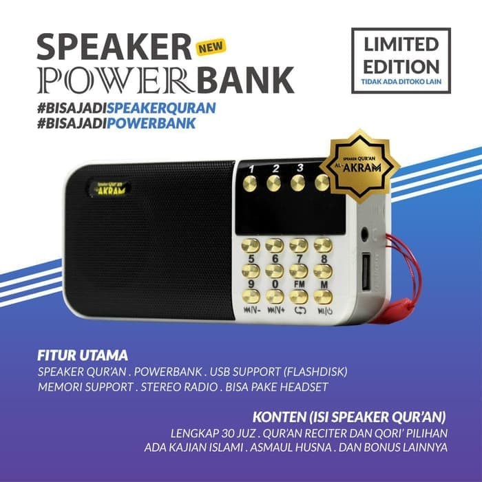 Speaker Al-Quran Digital Tahfidz 30 Juz Traveller Power Bank Al-Akram - Putih