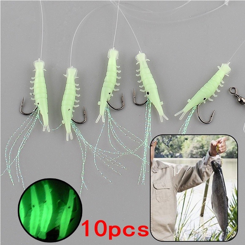 10pcs/2packs Sabiki Soft Rigs Fishing Lure Glow In The Dark Luminous Shrimp Bait False Lure Soft Worn Fake Lure Baits