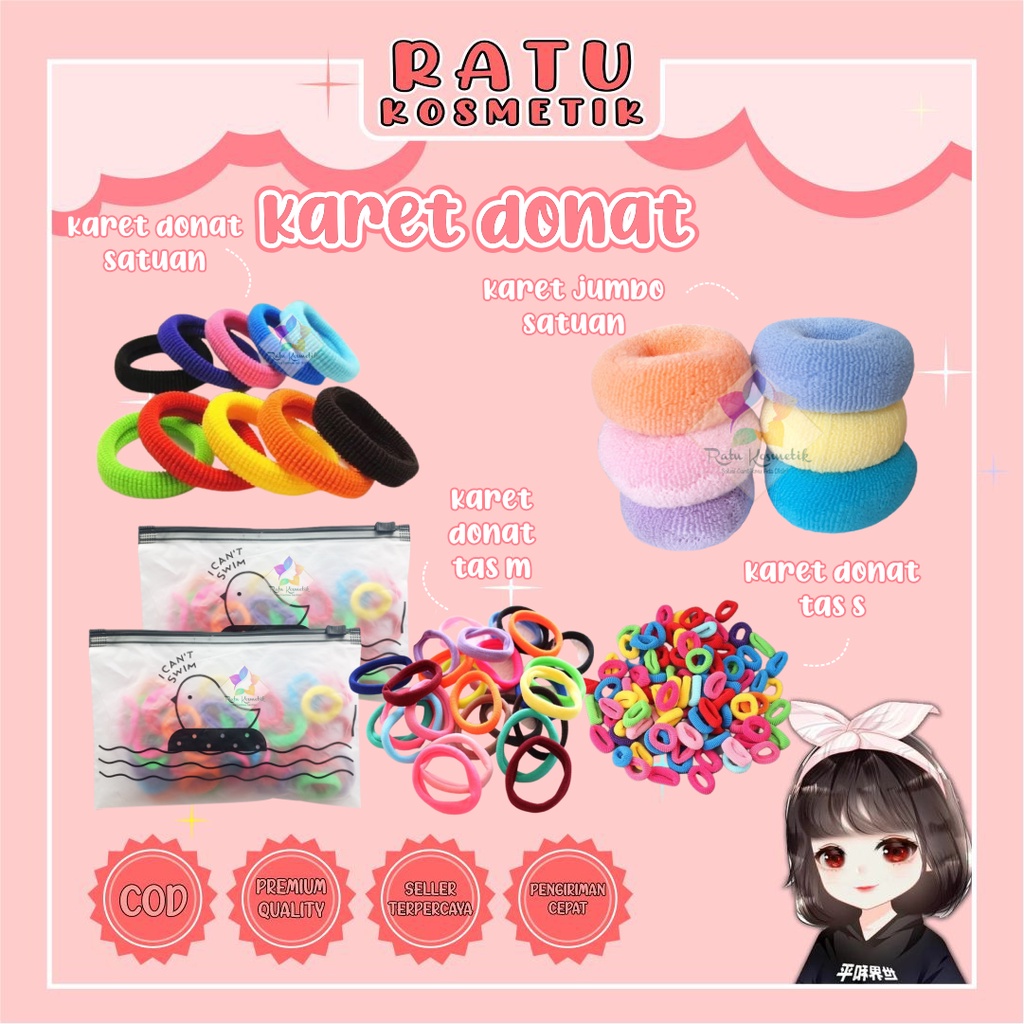 ❤ RATU ❤ Ikat Rambut Donat Karet Kecil Wanita Anak | Isi 50 Free Tas | Satuan Besar Jumbo Cepol