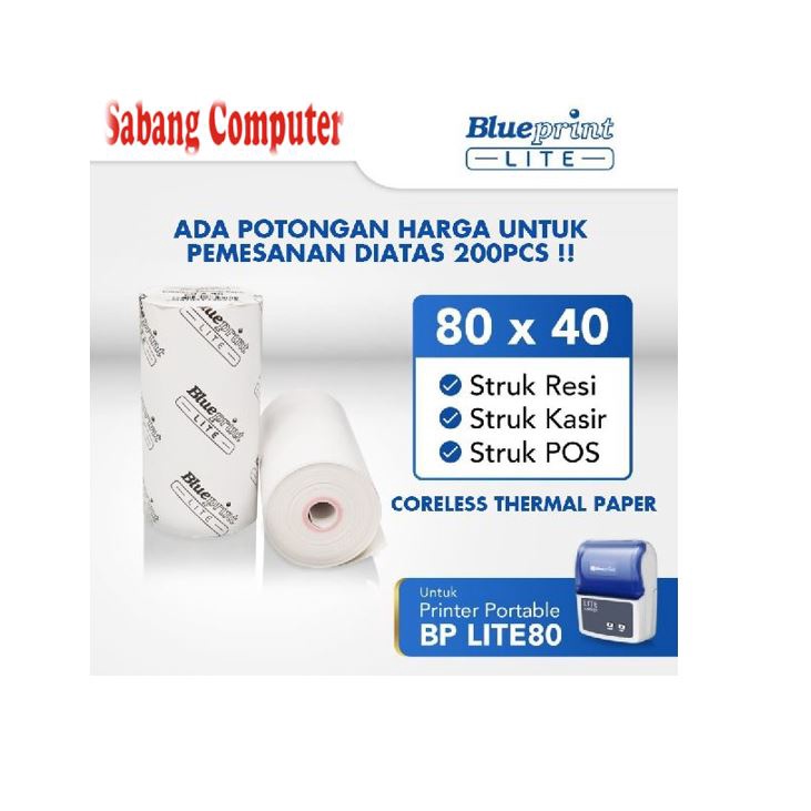 

KERTAS THERMALl BLUEPRINT LITE 80mmx40mm STRUK KASIR POS RESI 80x40 mm