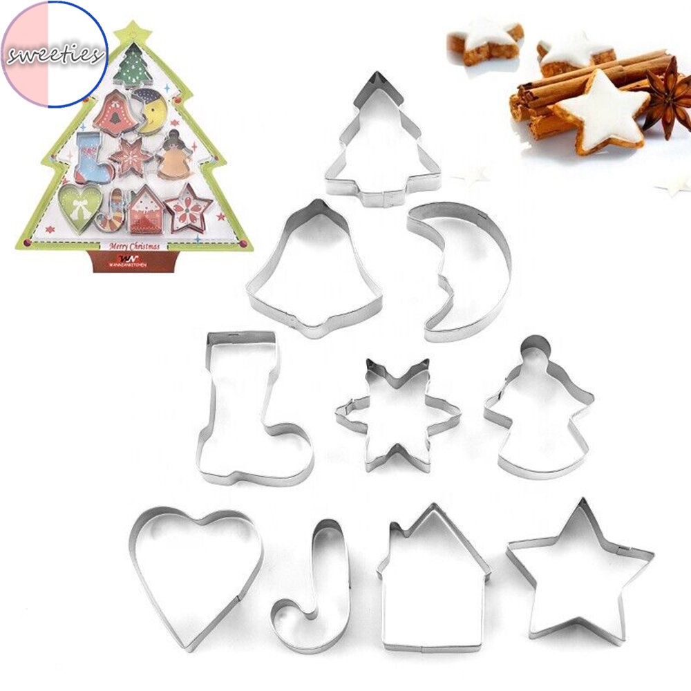 10pcs Cetakan Kue / Biskuit Bentuk Pohon Natal / Bulan / Bintang 3D Bahan stainless steel