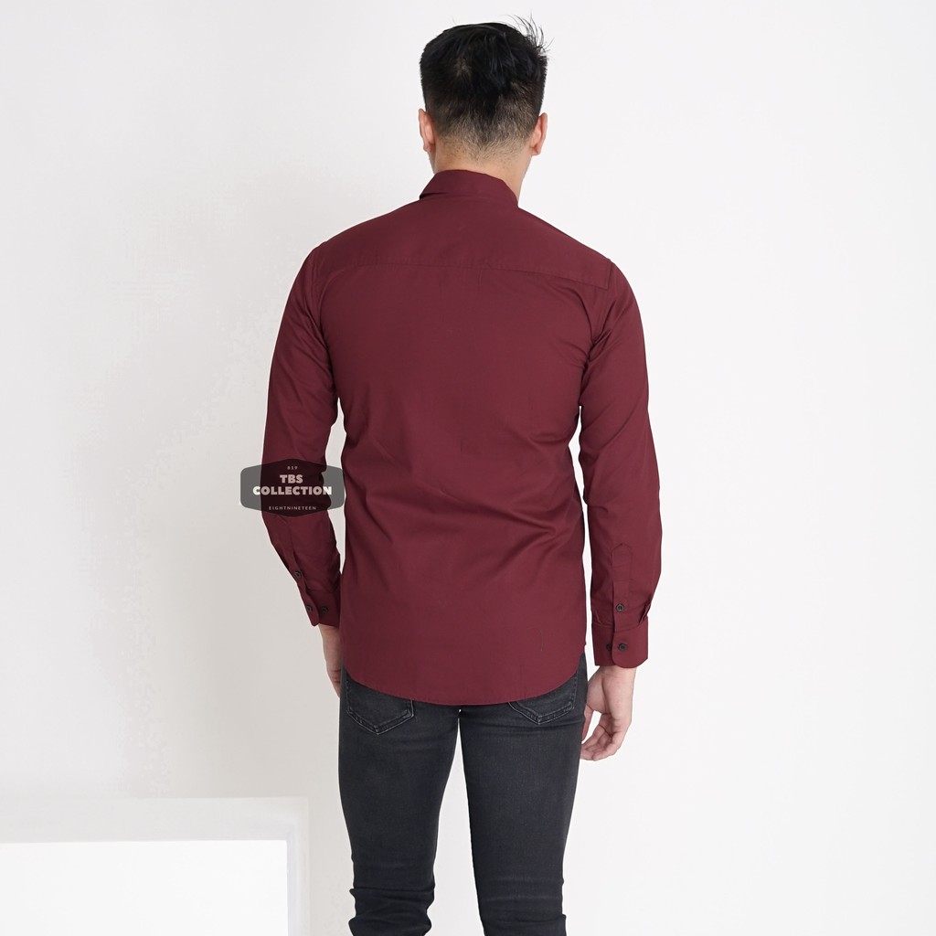 Kemeja Pria Lengan Panjang Polos Merah Maroon Kemeja Cowok Keren Casual Slimfit 3237