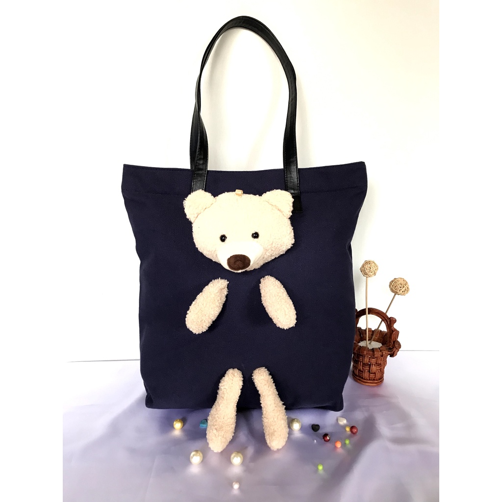 Tas Tote Bahu Shoulder Bag Wanita Berdiri Ukuran Besar Boneka Beruang Bear Lucu Kanvas Impor 2038#