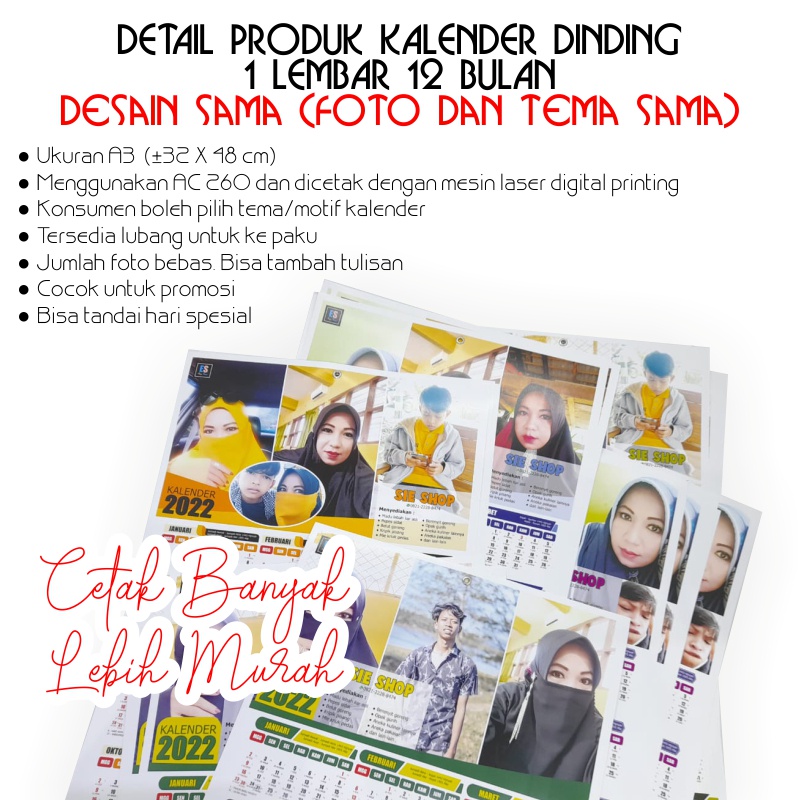 KALENDER DINDING 2022 (1 LEMBAR = 12 BULAN) KHUSUS GROSIR DENGAN DESAIN SAMA