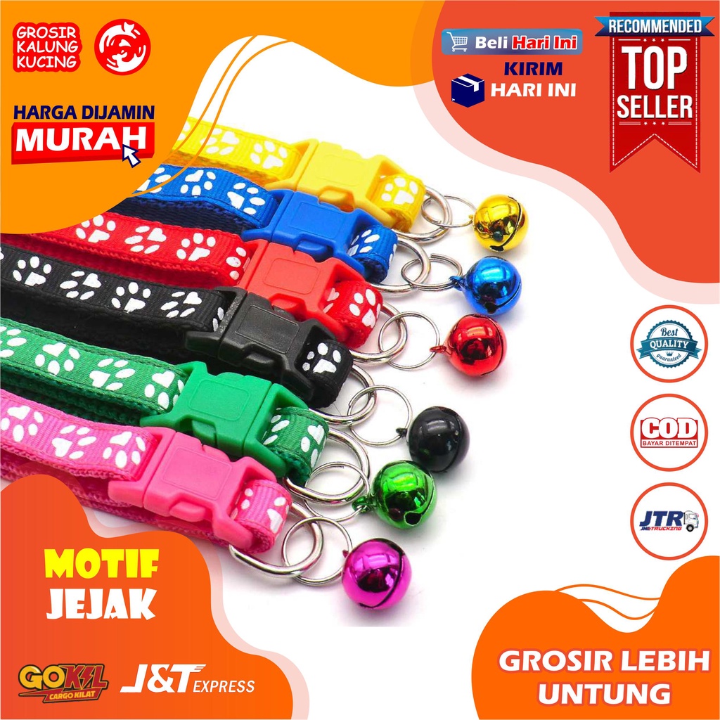 KALUNG KUCING MOTIF JEJAK  KAKI 1 LONCENG 12MM TEBAL PREMIUM ( HIGH QUALITY ) Kalung Kelinci Musang dan Anjing kecil Aneka Warna - Kalung Hewan Peliharaan Warna Warni Tersedia Aksesoris Karakter Motif Bunga Polos Kulit Premium GROSIR Murah BISA COD