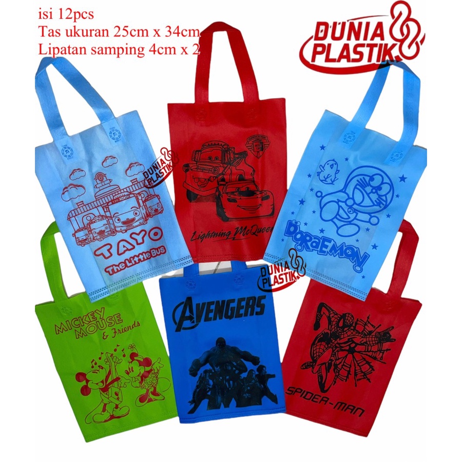 isi12pc TAS KAIN KARAKTER sablon acara party pesta ultah ulang tahun anak souvernir goodie bag kado spunbob gasset tas ramah lingkungan anak cowok cewek spidermen hellokiti unicorn frozen doraemon cars tayo lol tsumtsum-1