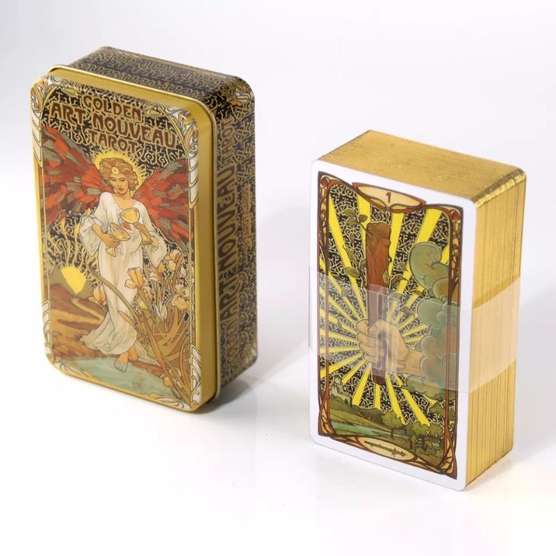 Nouveau Art Golden Tarot dengan Kotak Kaleng pinggiran Gold