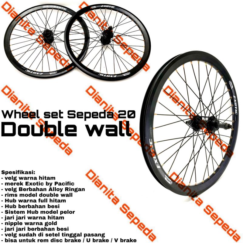 Wheel Set Sepeda 20 Alloy Double Wall Lipat Minion BMX mini rims disc cakram velg sudah di setel