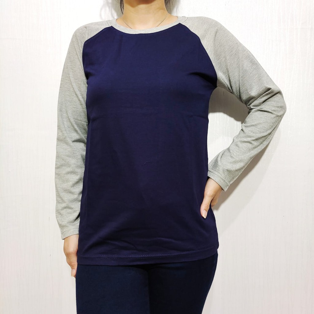 Kaos polos reglan biru navy/dongker lengan abu misty panjang M L XL XXL