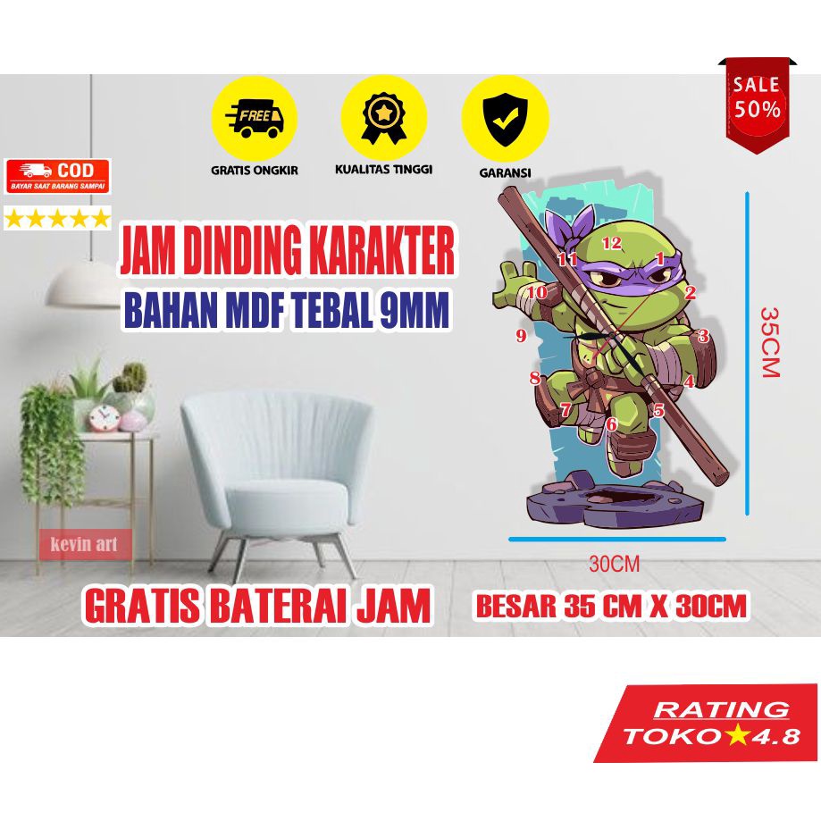 JAM DINDING BESAR KURA KURA NINJA UNIK KEREN NINJA TURTLE KARAKTER ANAK DEKORASI DINGDING KAMAR COWO MURAH MINIMALIS MODERN MEWAH ANTIK ARTISTIK 3D NYALA TEMPEL TEMBOK