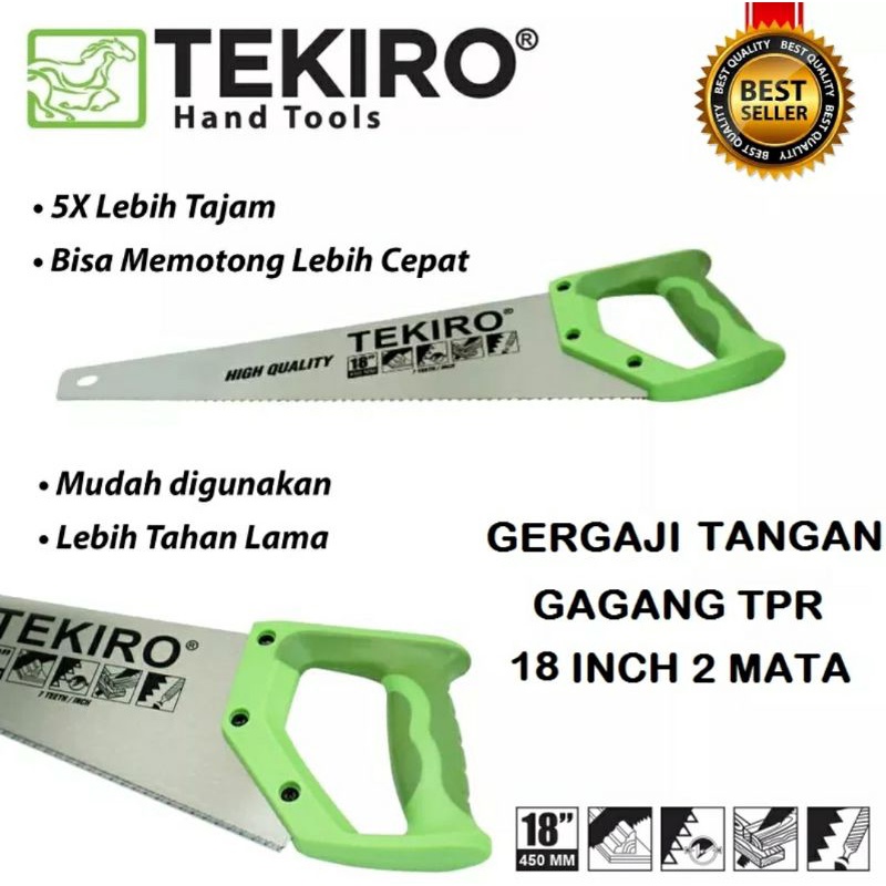 TEKIRO Gergaji Kayu 2 Mata 18 Inch 450 Mm Handsaw 2 Teeth Gagang Fiber Mata TPR Murah Berkualitas