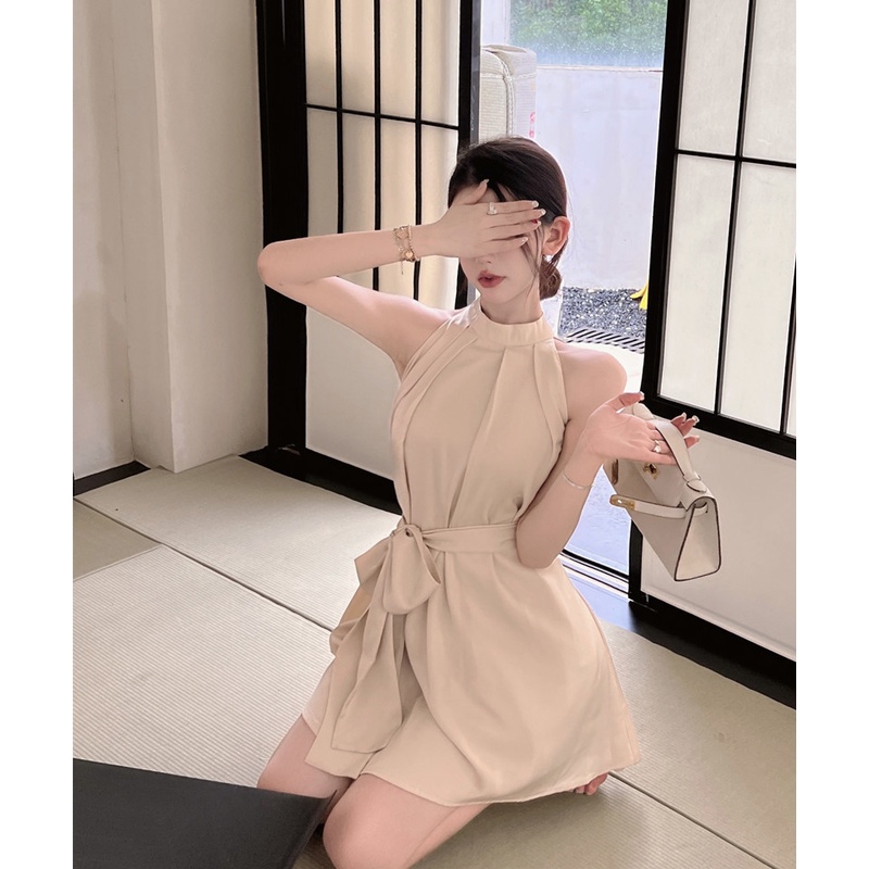 Suhao satin high-end tanpa lengan gaun wanita musim panas Perancis off-the-shoulder wanita seksi tem