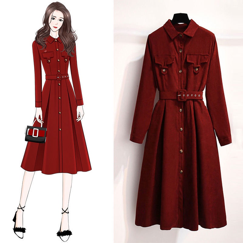 Retro temperament thickened corduroy dress French high-end single breasted shirt skirt design sense