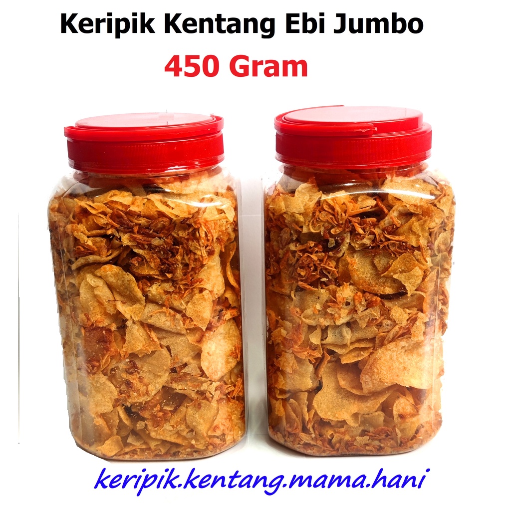 

Keripik Kentang Ebi 450 Gram Cemilan Bawang Goreng Makanan Ringan Premium Kripik Kerupuk Toples Plastik Varian Asin Pedas