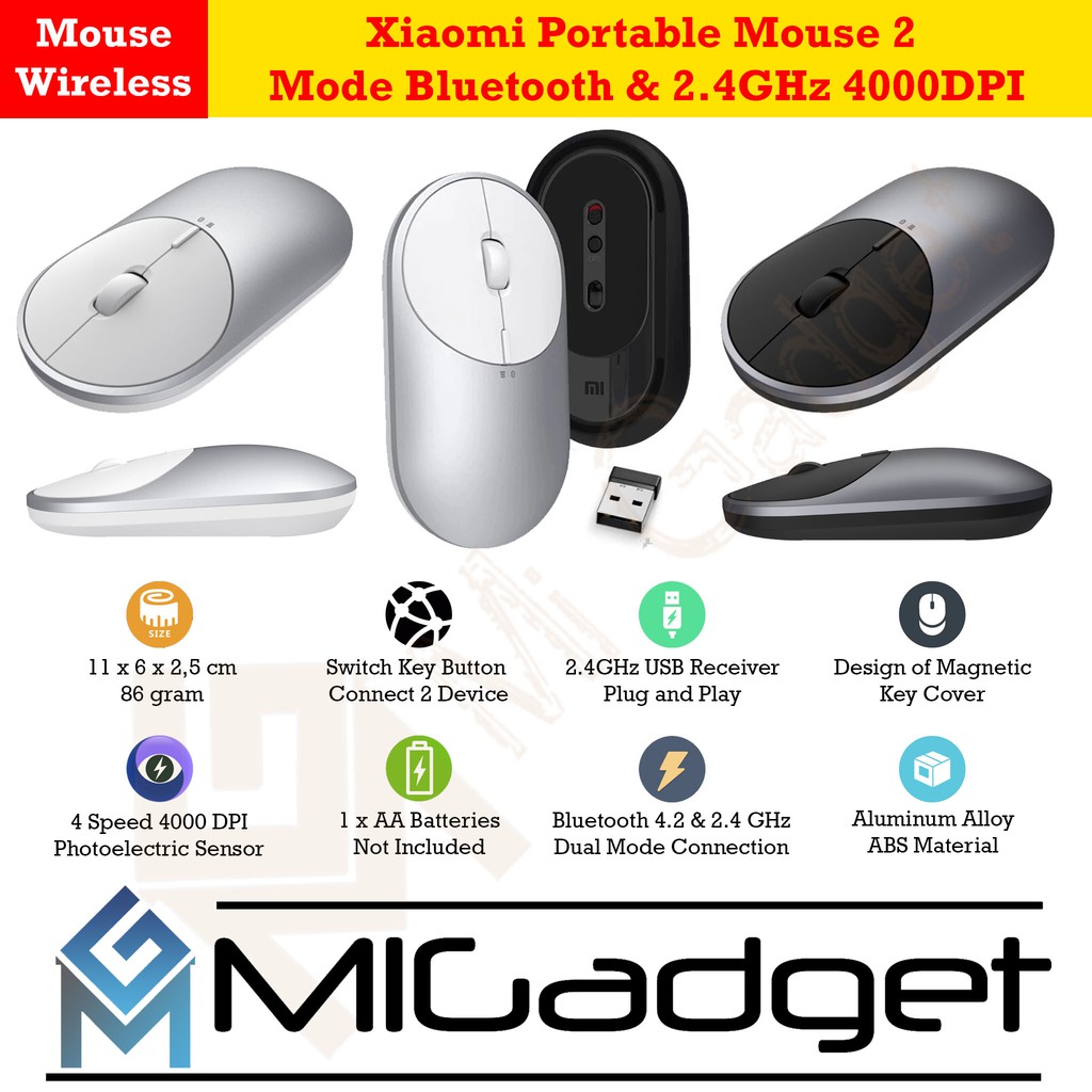 Xiaomi Mi Portable Mouse 2 Dual Mode Bluetooth &amp; 2,4Ghz 4000 DPI