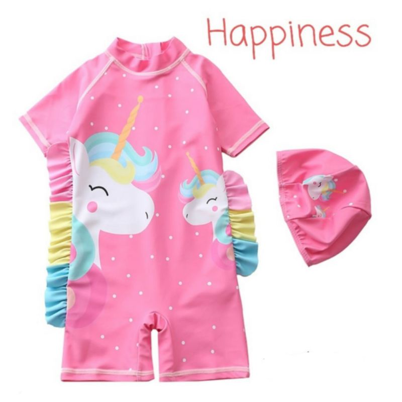 baju renang unicorn happiness/baju renang unicorn/baju renang anak set topi/baju renang anak import