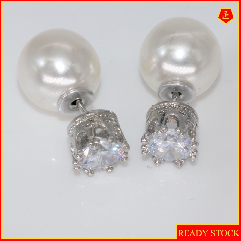 [Ready Stock]Women's Crown Pearl Diamond Temperament Silver Earrings