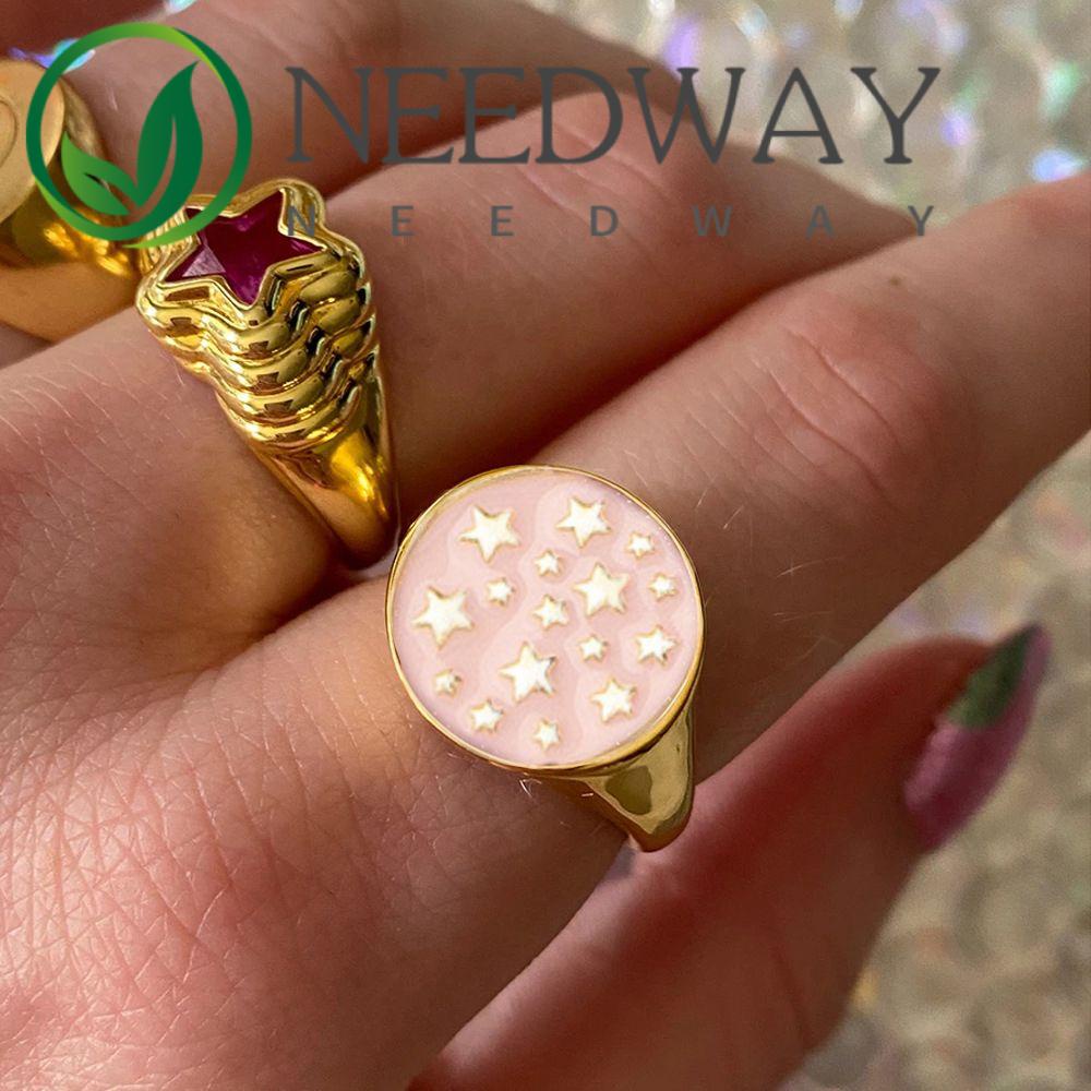 Needway  New Flower Pin Rings Temperament Fashion Jewelry Finger Rings Love Heart Women Men Numer 7 Sweet Drip Glaze Vintage Drip Oil