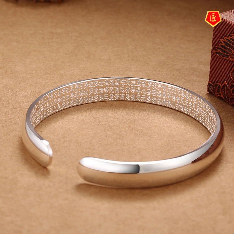 [Ready Stock]999 Silver Glossy Heart Sutra Bracelet Simple Ethnic Style