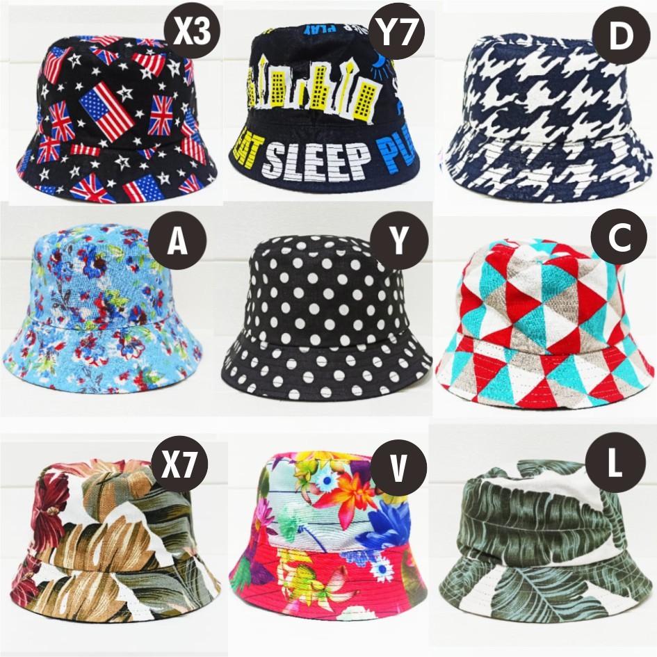 topi bucket hat motif floral bunga kotak catur leopard 