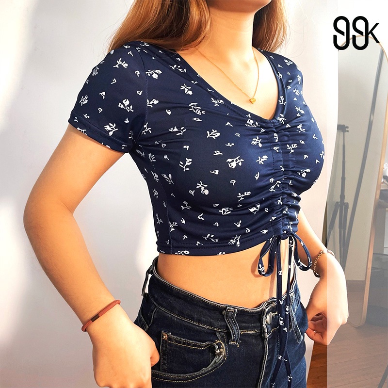 BM Girls Crop Top Flower Print V-Neck Lengan Pendek 2513 (S-XL)