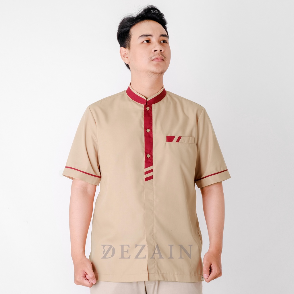 Koko Muslim Dezain Lengan Pendek KK2201 - Warna Krem Kombinasi Maroon