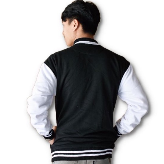 Jaket baseball varsity hitam putih bahan tebal