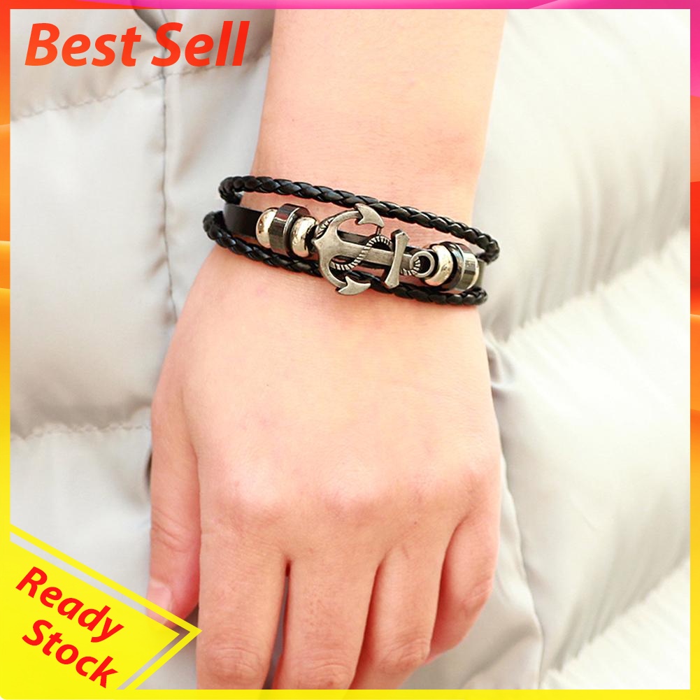 Vintage Men's Metal Anchor Steel Studded Surfer Leather Bangle Cuff Bracele