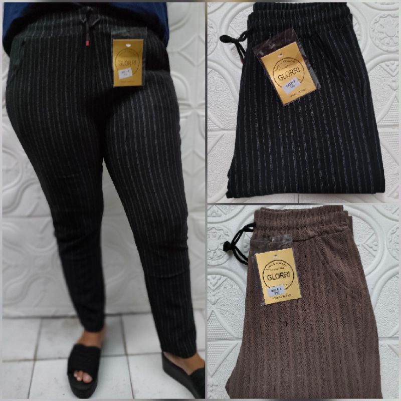 CELANA IMPOR MOTIF SALUR DAN KOTAK BAHAN STRET