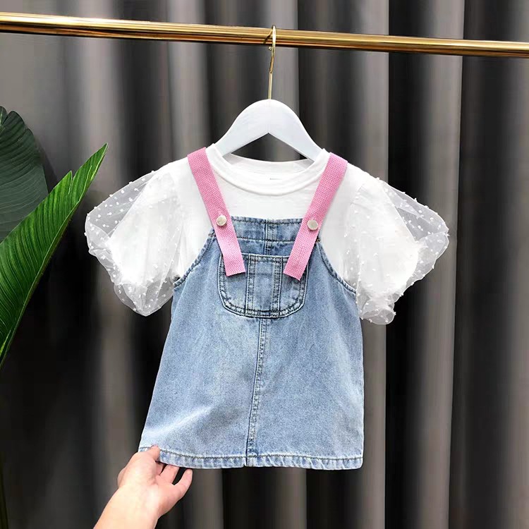 KF CAT Dress Anak Perempuan Overall Rok Jeans + Dalaman Kaos Lengan Pendek Cewek Santai Fashion Import-1